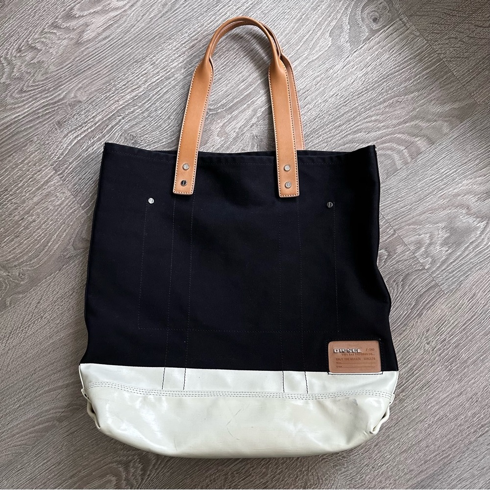 [PZ008] DIESEL CANVAS & FAUX LEATHER TOTE BAG IN BLACK/OFF WHITE